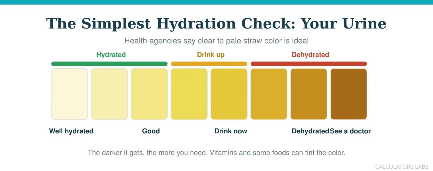 A urine colour hydration scale from pale straw to dark amber, with the pale end marked hydrated, the middle marked drink up, and the dark end marked dehydrated