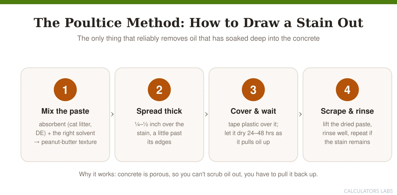 A four-step diagram of the poultice method: mix the paste, spread it thick, cover and wait 24 to 48 hours, then scrape and rinse