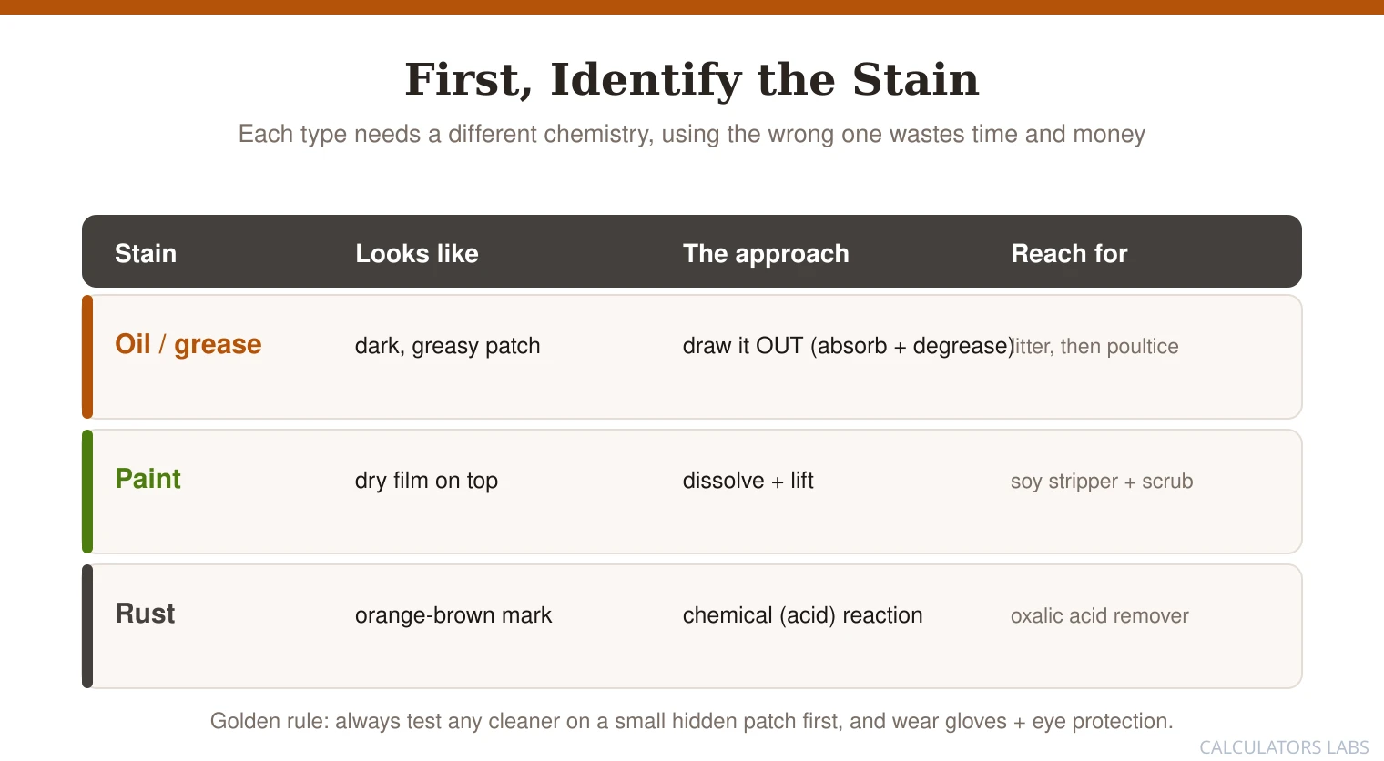 A table identifying three concrete stain types, oil and grease, paint, and rust, with what each looks like, the right approach, and what to reach for