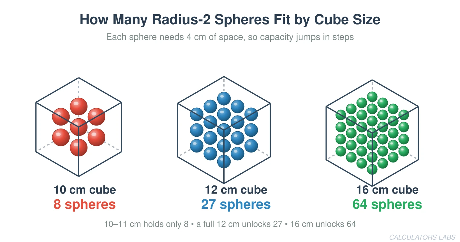 Three cubes side by side: a 10 cm cube holds 8 spheres, a 12 cm cube holds 27 spheres, and a 16 cm cube holds 64 spheres