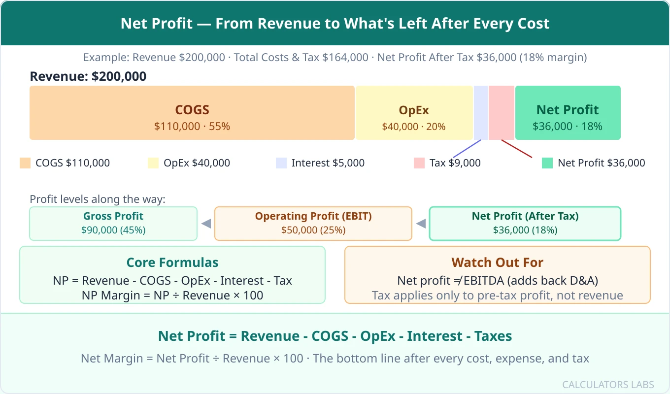 Revenue bar for two hundred thousand dollars split into COGS, operating expenses, interest, and tax, ending in net profit after tax of thirty six thousand dollars