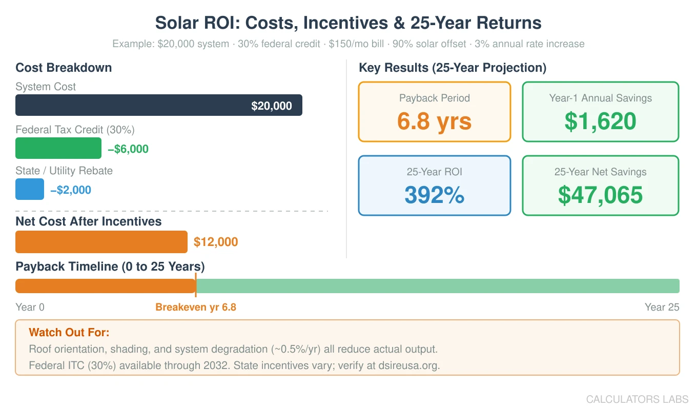 Solar ROI diagram showing cost breakdown with federal credit and state rebate reducing twenty thousand dollars to twelve thousand dollars net cost, with four key result cards showing six point eight year payback, sixteen twenty year one savings, three ninety two percent ROI, and forty seven thousand net savings, plus a payback timeline bar from year zero to year twenty five