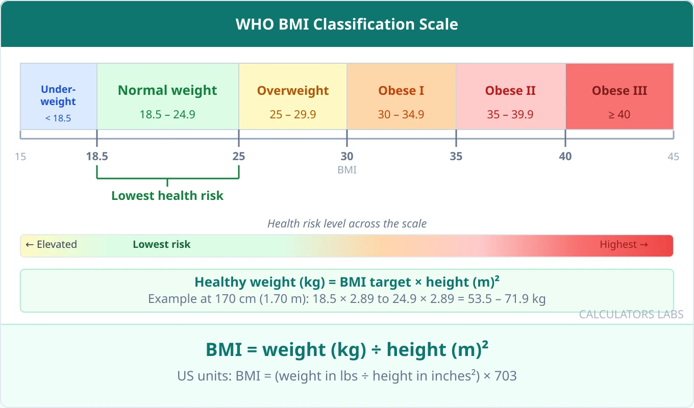 WHO BMI classification scale showing six color-coded categories: Underweight below 18.5, Normal weight 18.5 to 24.9, Overweight 25 to 29.9, Obese Class I 30 to 34.9, Obese Class II 35 to 39.9, and Obese Class III 40 and above, with a health risk gradient and healthy weight formula